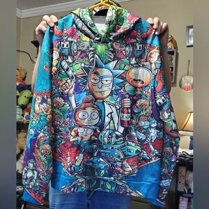 Rick and Morty Men's Hoodie Blue 3D Allover Graphic Print Sz. Large. EUC.